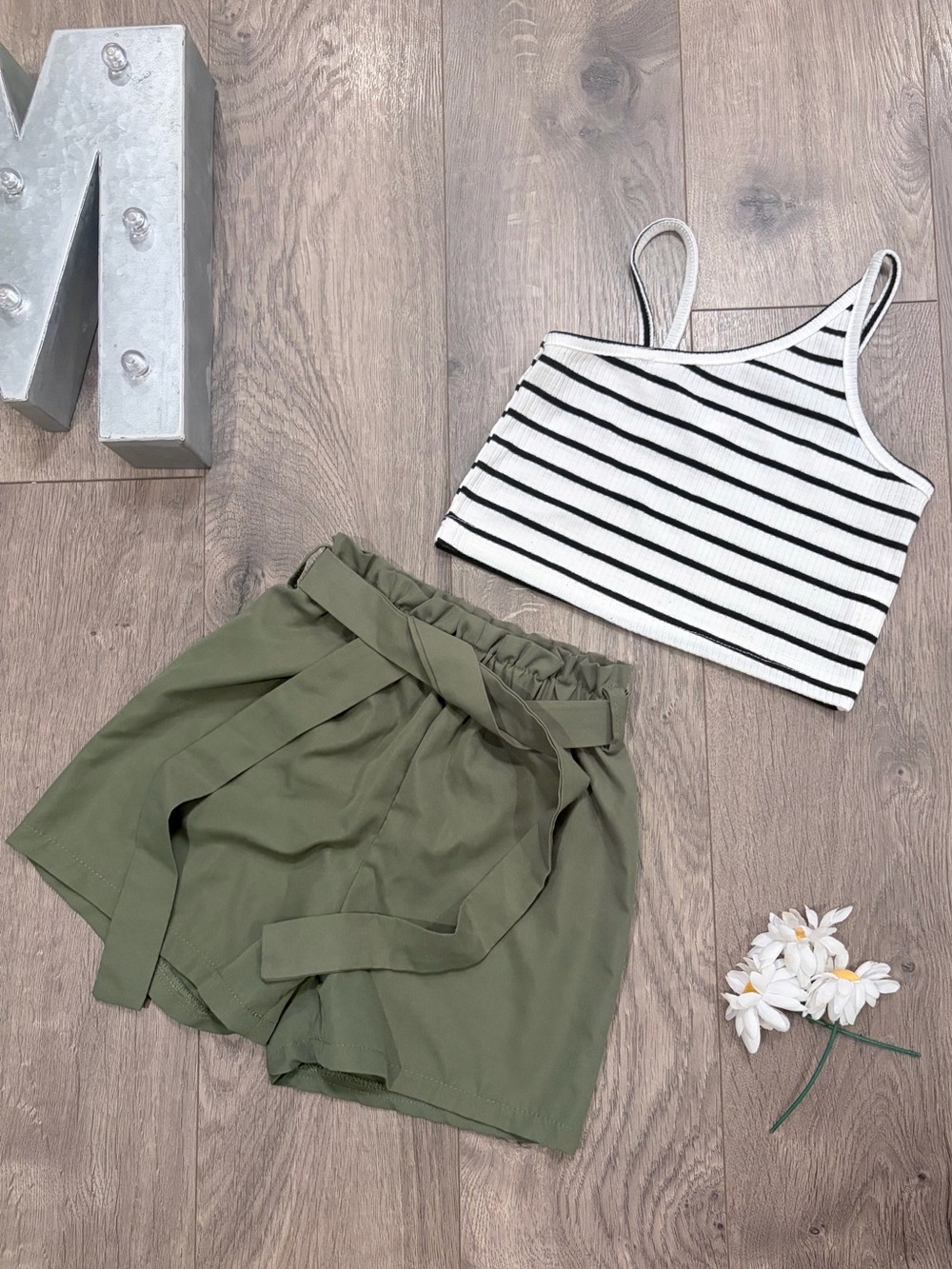 SHEIN Striped Tank Top & Paperbag Waist Belted Shorts Set